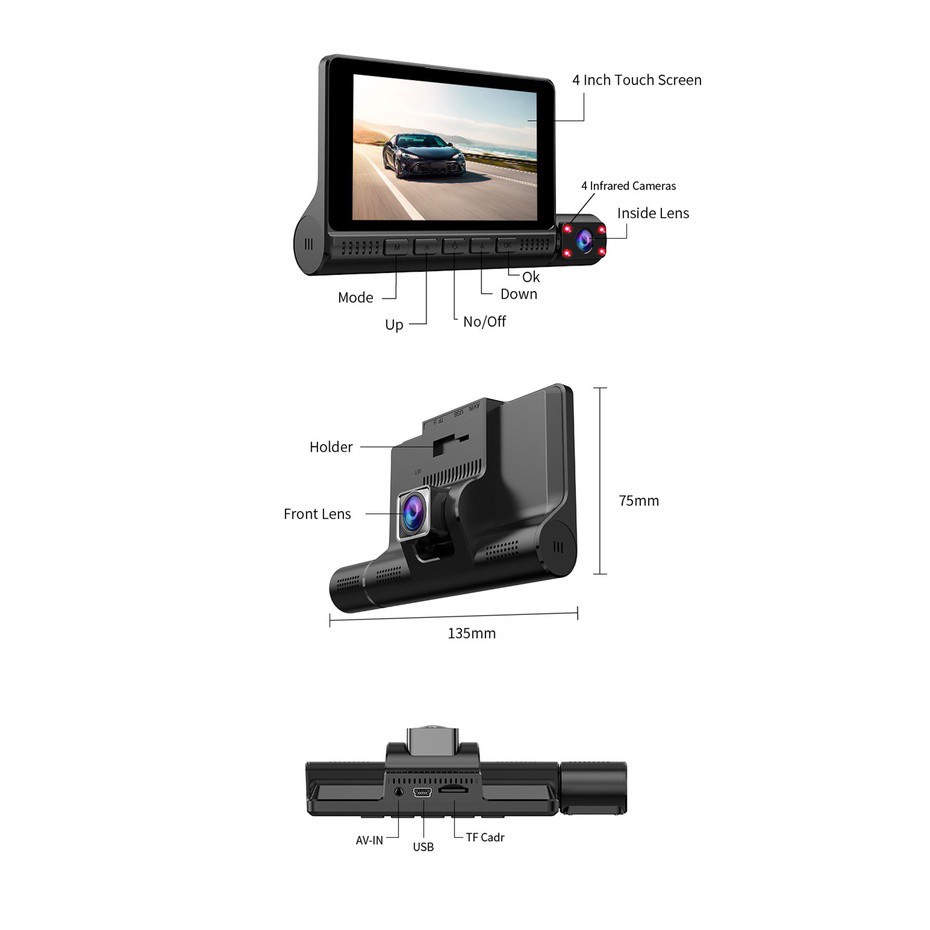 Camera Hành Trình 4 Inch Cảm Ứng 3 Camera DVR FHD 1080P Tầm Nhìn Đêm 24H Cho Xe Hơi