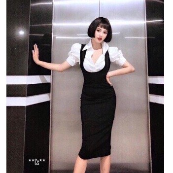 Sét áo sơ mi trắng tay phồng và đầm yếm body