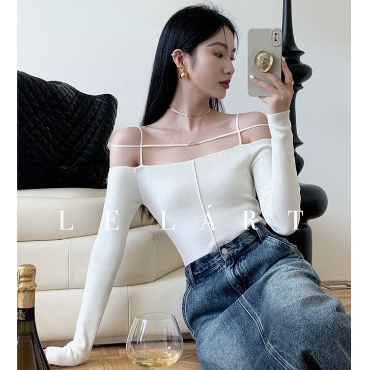 QKOOLE  Áo Croptop Tay Dài Hở Vai Màu Sắc Đơn Giản Phong Cách Hàn Quốc Cho Nữ