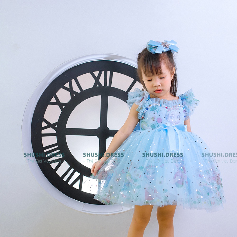 váy elsa công chúa bé gái, đầm công chúa elsa,  cho bé đi tiệc, thôi nôi, sinh nhật kèm kẹp tóc Shushibaby