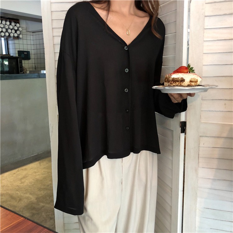 Áo Sơ Mi Tay Dài Form Rộng Màu Trơn Phong Cách Retro Hàn Quốc