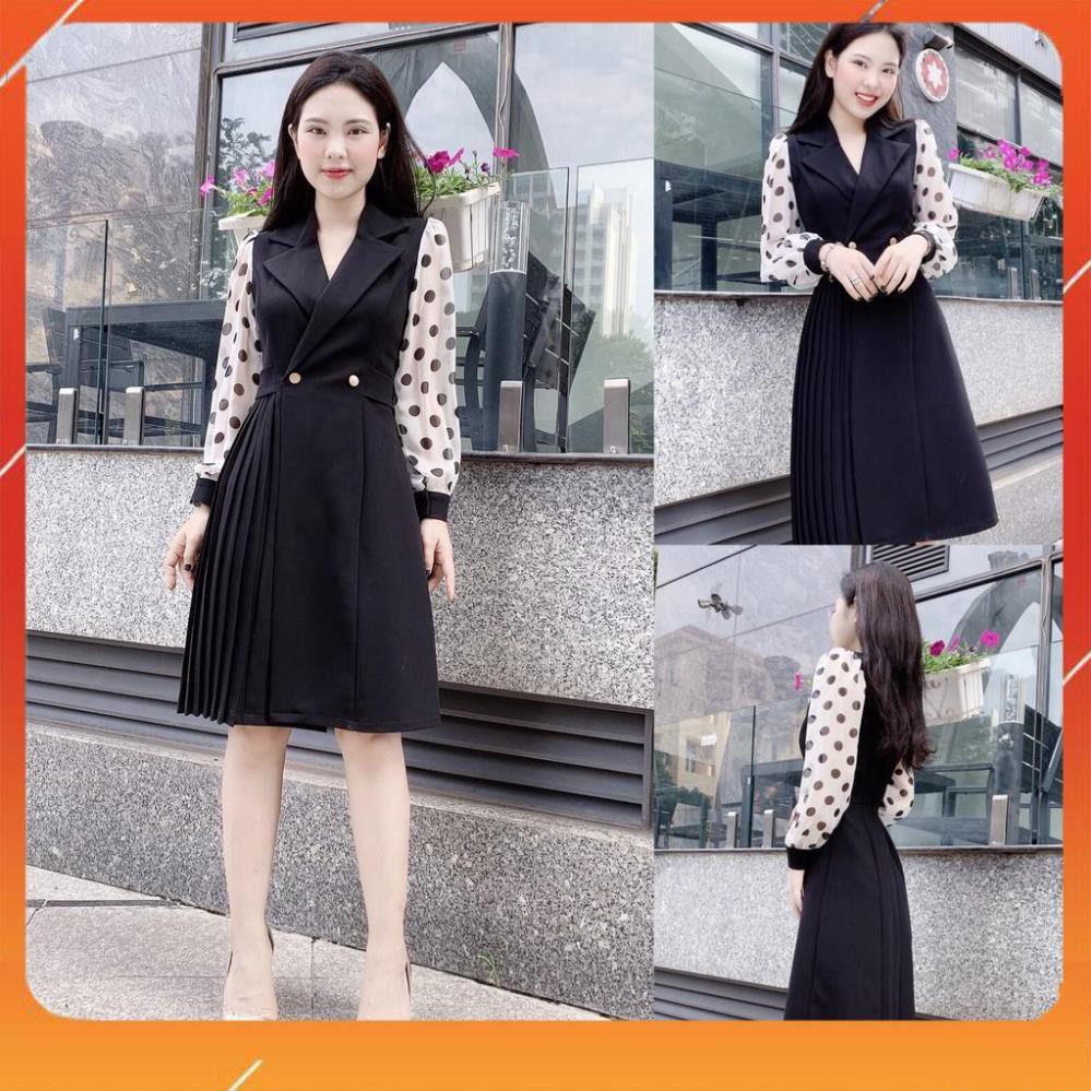 Váy xòe cổ vest tay phối chấm bi V1671 - Shop Váy Xinh ( Ảnh mẫu và ảnh trải sàn do shop tự chụp )