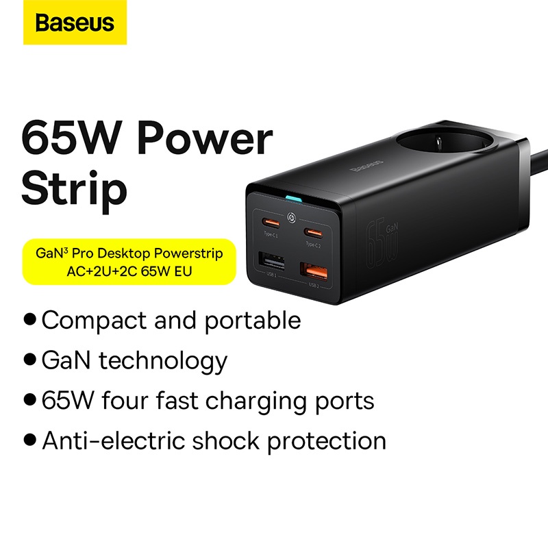 Ổ cắm điện sạc nhanh BASEUS 65W GaN3 Pro PD QC thích hợp cho iPhone 14 13 Samsung máy tính xách tay