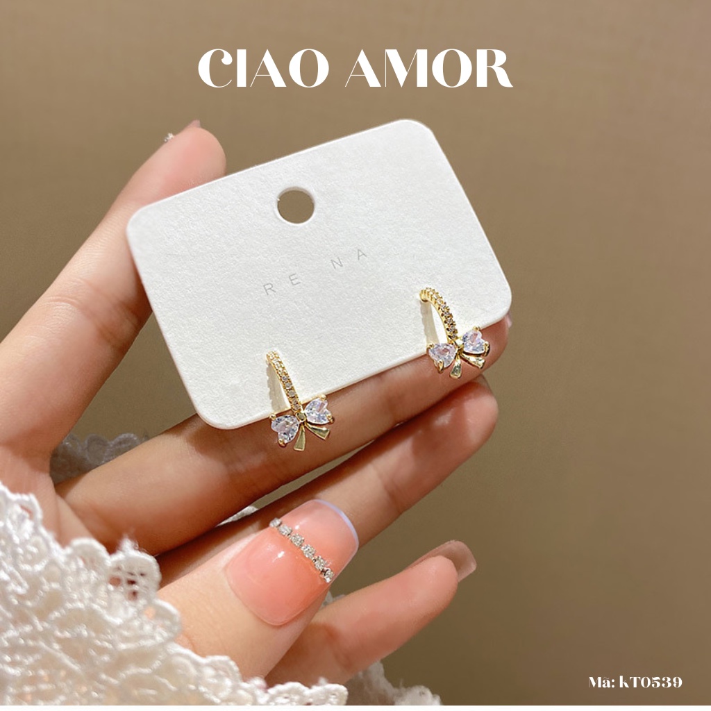 Khuyên tai nữ, Bông tai nụ thanh đính nơ ngắn mảnh dễ thương Trang sức Ciao Amor - KT0539