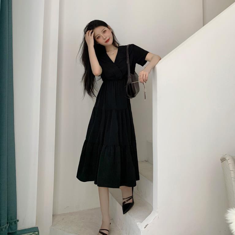 Váy midi dài tay ngắn chiết eo 2021, Đầm nữ dài màu đen cổ V dáng xòe 3 tầng sang chảnh thời trang hàn quốc du lịch Xịn