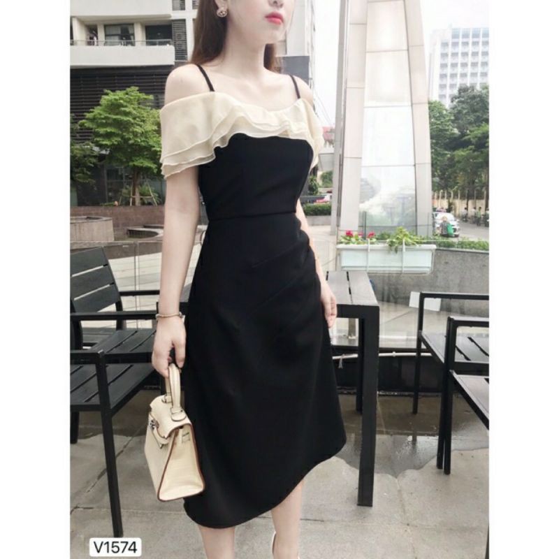 Váy đen trêz vai cổ Voan hàng thiết kế V1574 DVC