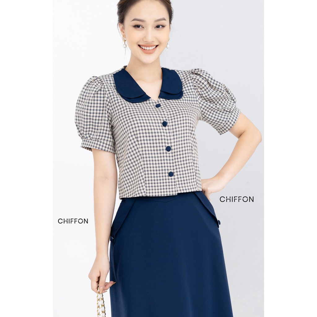 Áo vest ký giả kẻ croptop cổ sen nữ tính thiết kế Chiffon
