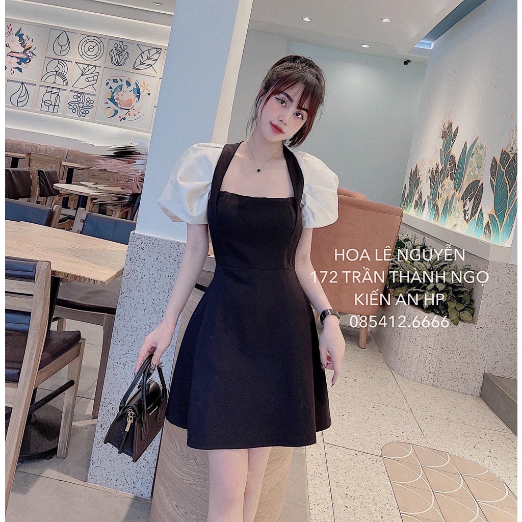 Đầm sơ mi hở lưng thiết kế tay bồng váy tiểu thư nữ cúc bọc DN532