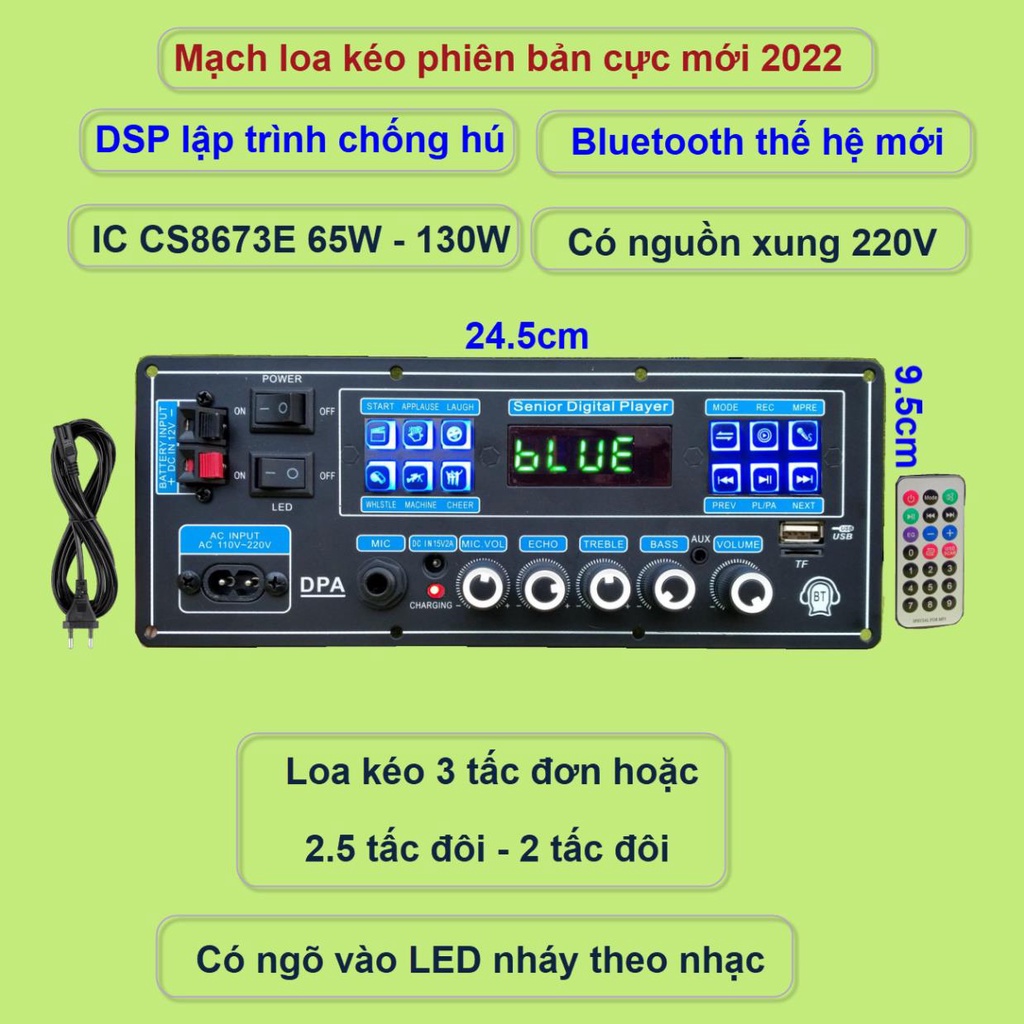 Mạch loa kéo DSP lập trình chống hú IC CS8673E 130W có nguồn xung 220V Bluetooth thế hệ mới – Phiên bản mới 2022