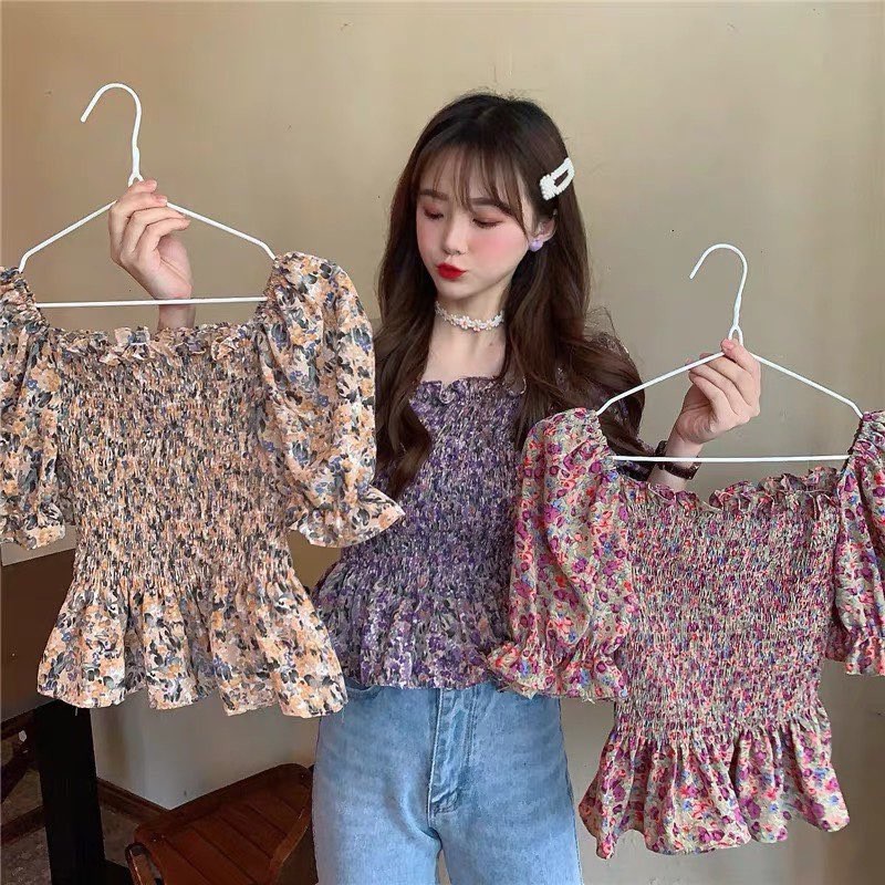 Áo Hoa Bo Nhún Tay Phồng [Freeship] Áo Trễ Vai Hoa Nhún Thân Hàng Túi Zip Xịn Xò