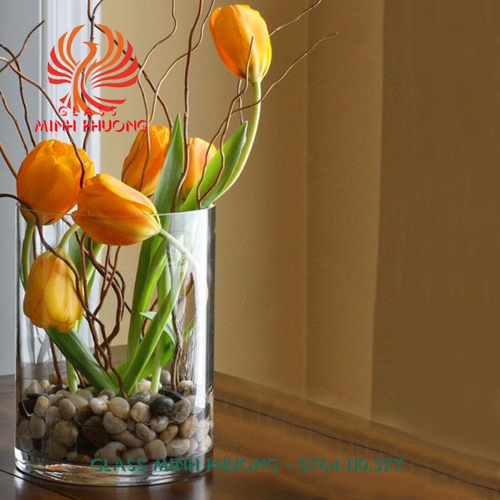 Bình bông thủy tinh trang trí D15x20, Bình cắm hoa thủy tinh trụ, lọ hoa hình trụ, trụ đổ đèn cầy, ống trụ tròn