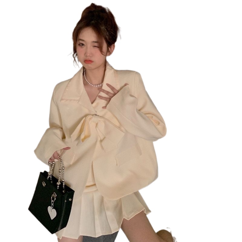 Chân váy xếp ly Perty / Áo khoác Perty thắt nơ phong cách Hàn Quốc dành cho nữ