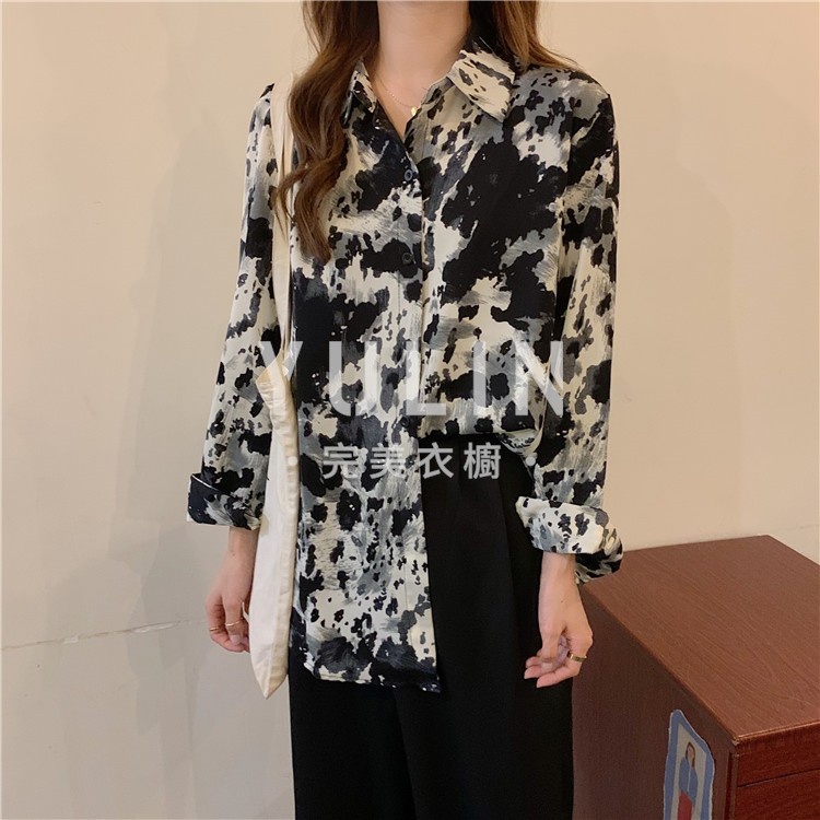 YL Chiffon Shirt With Ink Print Retro Hong Kong Fashion Spring Summer New For Women 2021