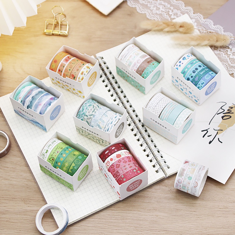 Set 5 Cuộn Băng Keo Giấy Họa Tiết Hình Học Cổ Điển 8 Kiểu Dán Trang Trí Nhật Ký/Nhật Ký DIY