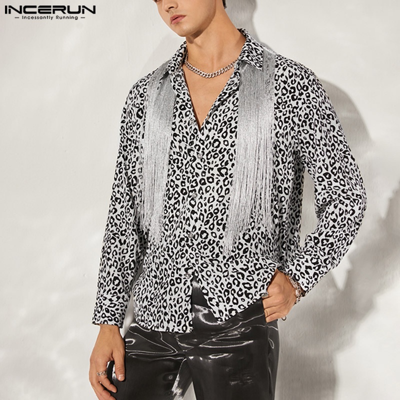 Áo sơ mi INCERUN dài tay in họa tiết da báo phối tua rua thời trang dành cho nam