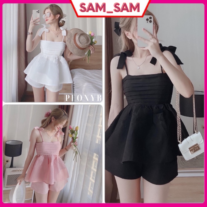 Set babydoll - Áo 2 dây xếp ly ngực kèm quần short chất đũi xốp mềm mại, dày dặn phồng đẹp