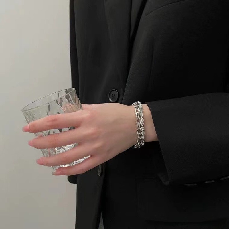 Vòng Tay Kim Loại Hai Lớp Đính Đá Thời Trang Phong Cách Hàn Quốc