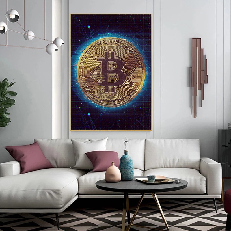 Tranh Vải Bạt Treo Tường In Hình bitcoin Vàng Trừu Tượng Trang Trí Nội Thất Không Khung