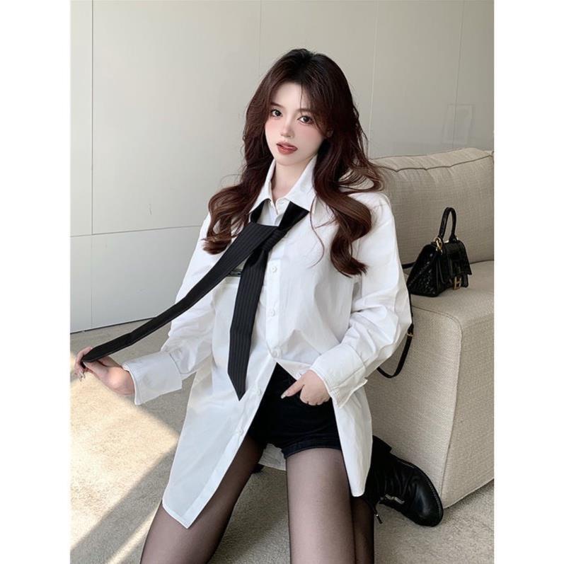 Áo sơ mi nữ form rộng dài tay phối cavat thời trang Unisex chất vải lụa mềm mại