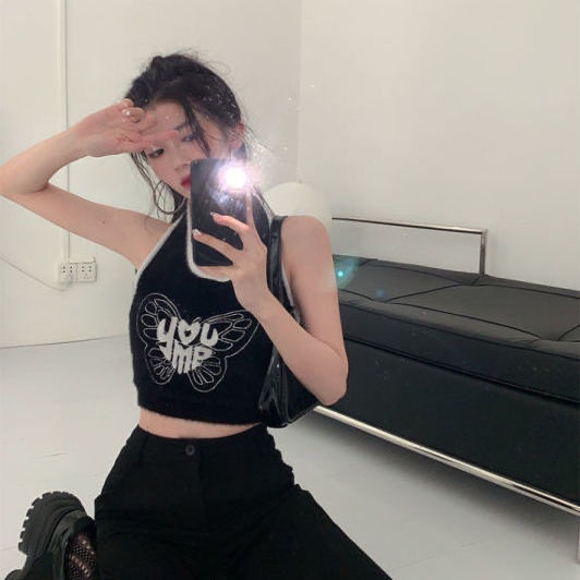 ℡☇◘Áo Hai Dây Ngắn Mỏng Ôm Dáng Màu Đen Trơn Phong Cách Desire Thời Trang Mùa Hè Cho Nữ