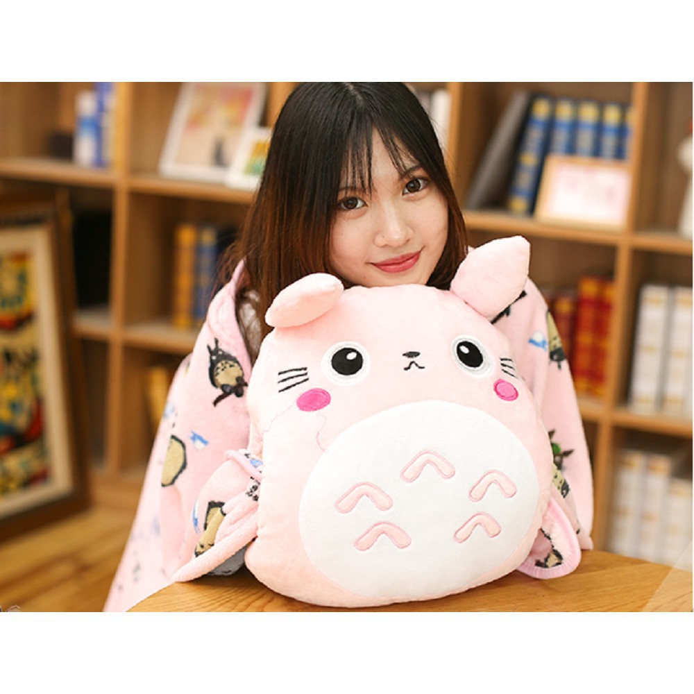 Bộ chăn gối 3 trong 1 totoro cao cấp chăn lông tuyết hoạt hình dễ thương (Xám)