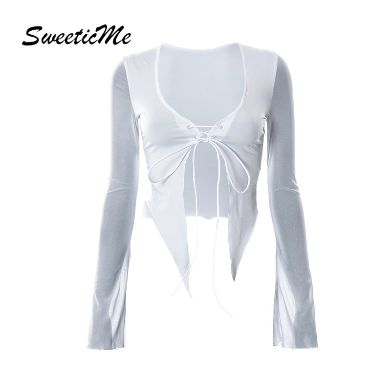 Áo Thun Cardigan Cổ Vuông Tay Loa Màu Trơn Phối Ren Thời Trang Cho Nữ SweeticMe