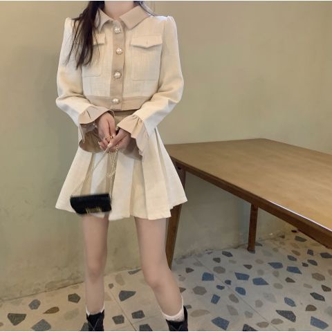 Bộ Áo Tay Loe + Chân Váy Xếp Ly Thời Trang Mùa Thu Cho Nữ 2021