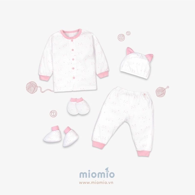 Set quần áo sơ sinh mũ, bao chân, bao tay Mio mio