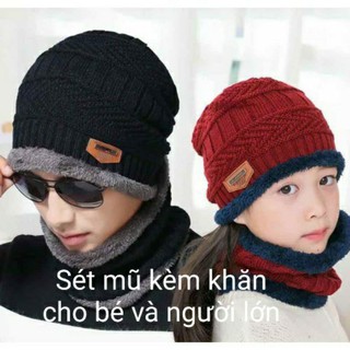 bộ khăn mũ len, sét mũ kèm khăn lót lông trẻ em và người lớn