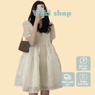 Váy đầm nữ cộc tay voan tơ 2 tầng tay bồng cổ vuông dáng xòe ngắn 2 lớp freesize dáng babydoll công chúa C792