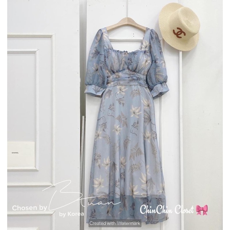 VNU285 - VÁY HOA XANH DƯƠNG CHUN NGỰC DÚM EO | BigBuy360 - bigbuy360.vn