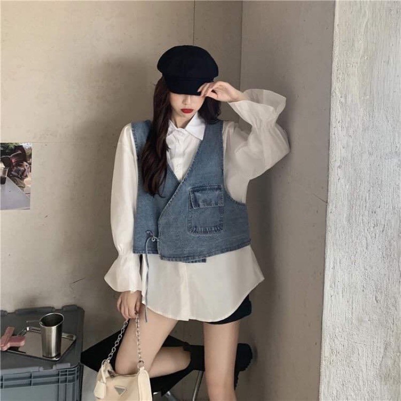 Set sơ mi tay chun + gile bò KÈM ẢNH THẬT