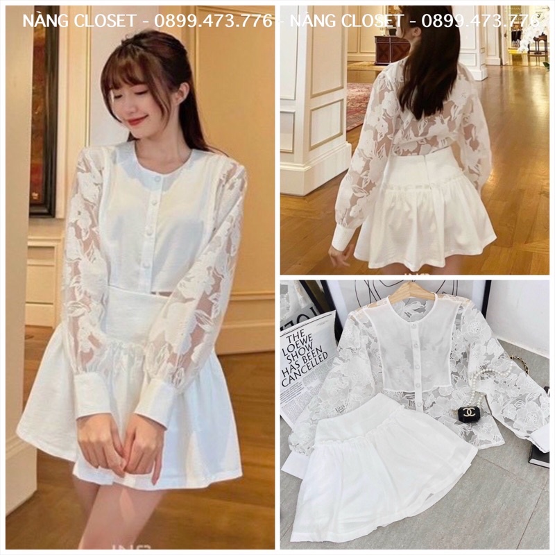 SET Áo sơ mi voan hoa tay dài kèm chân váy trắng NÀNG CLOSET
