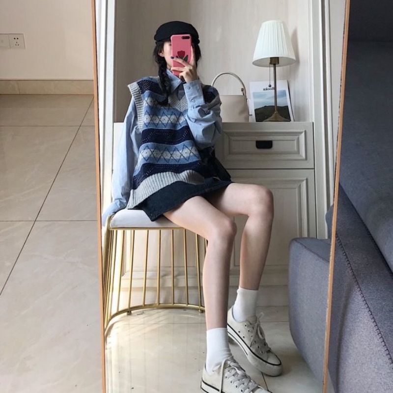Set Áo Gile Xanh Hoạ Tiết Thổ Cẩm Trendy