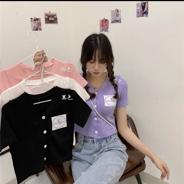 Áo len mỏng croptop ngực huy hiệu 9549 Ulzzang style Hàng Quảng Châu