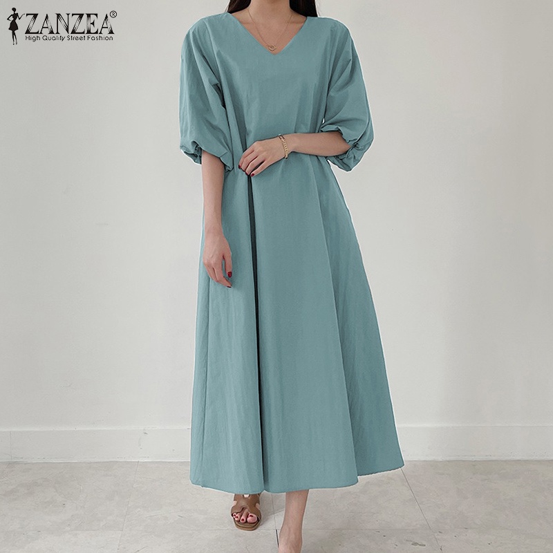 Đầm maxi ZANZEA tay lửng cổ chữ V thời trang Hàn Quốc dành cho bạn nữ