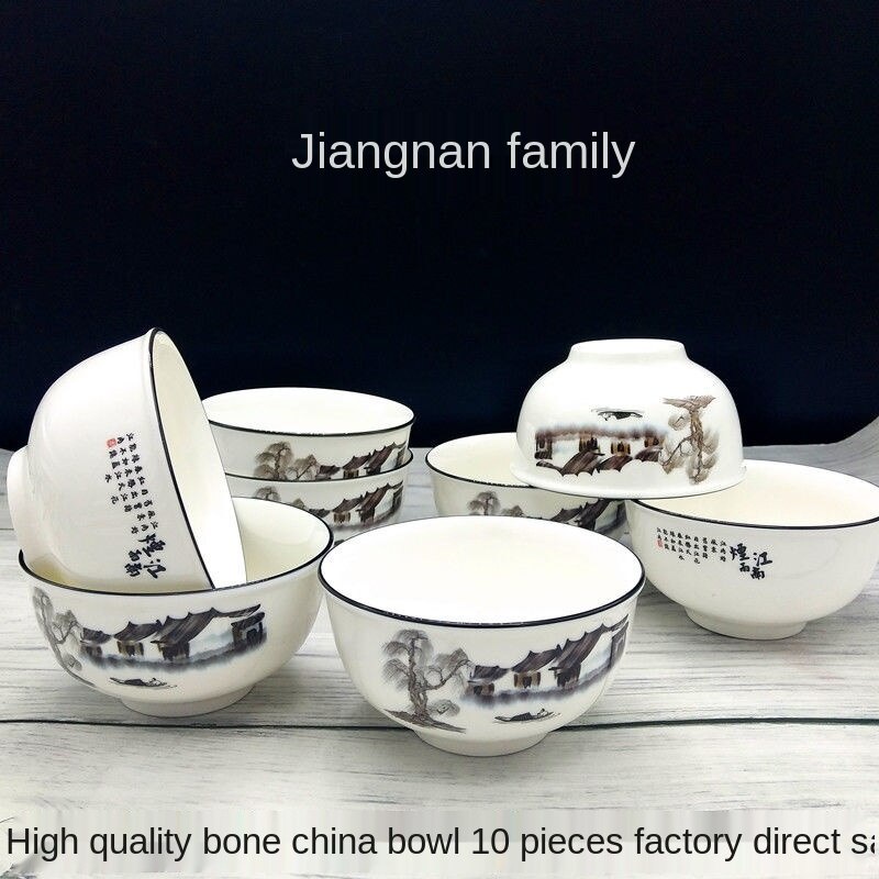 Bát sứ Bộ 10 bát cơm đũa gia dụng Bộ bát cơm dày jingdezhen Bộ đồ ăn/Bát sứ Nhật Bản Bát ăn mì Bát ă