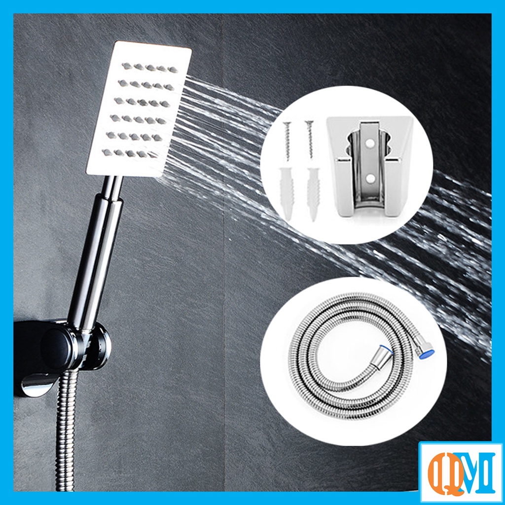 Bộ tay sen Inox mờ kiểu dáng Vuông dẹt sử dụng cho 2 đường nước Nóng lạnh (đủ bộ Tay sen + dây + cài) - QM.TS034B3