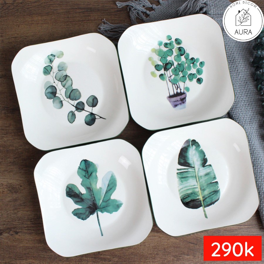 Set 4 Đĩa Sứ Trang Trí Vuông Hình Lá - 20CM