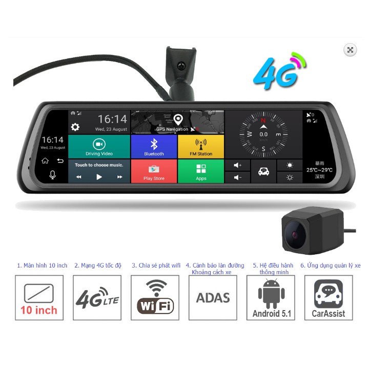 Camera Hành Trình Gắn Gương ANDROI - RAM 2G - SIM 4G -  MÀN HÌNH 10 inch - Tích Hợp Camera Sau