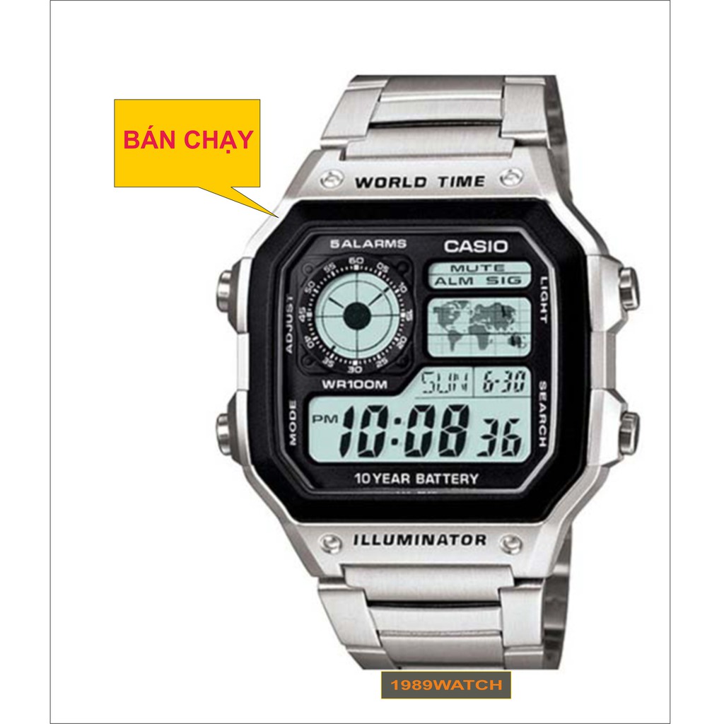 Đồng hồ Casio AE-1200WHD-1AVDF nam pin dây inox
