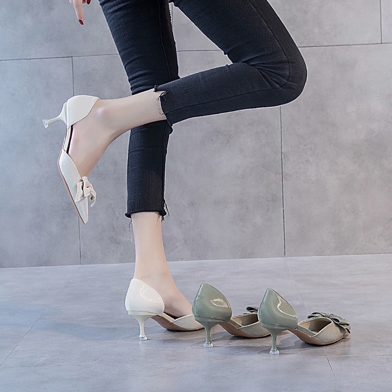Giày cao gót mũi nhọn đính nơ phong cách Hàn Quốc thời trang mùa hè dành cho nữ 2021