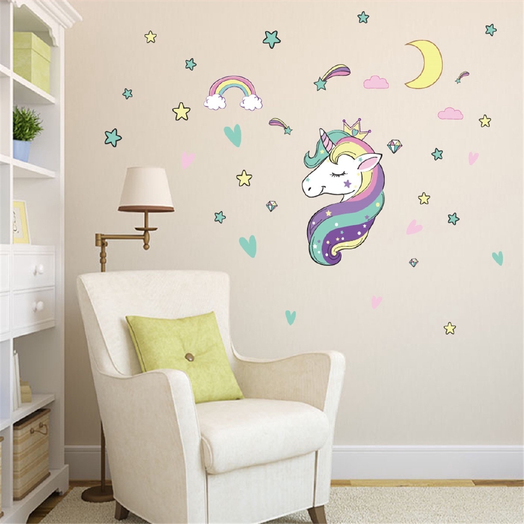 VAI-Rainbow Unicorn Wall Sticker Girls Bedroom Wall Decal Art Nursery Home