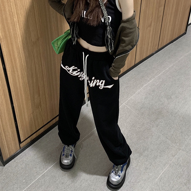 Quần Thể Thao Lưng Cao Ống Rộng In Họa Tiết Thời Trang