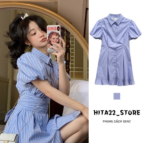 Váy đầm sơ mi kẻ xanh tay phồng chân bèo đai eo. Váy đẹp xuất sắc HITA22_STORE
