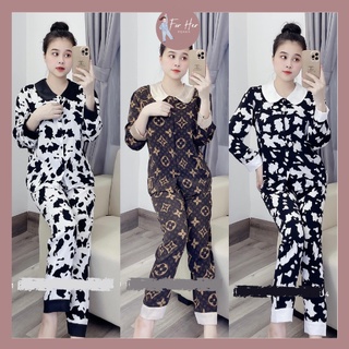 Bộ lụa pizama tay dài mặc nhà pijama lụa satin mặc sau sinh