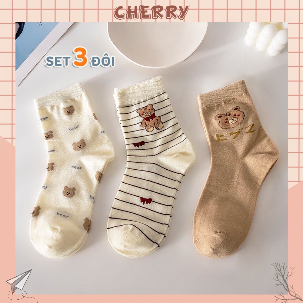 Tất cổ cao nữ, set 3 đôi tất vớ nữ họa tiết động vật dễ thương - Cherry Shop