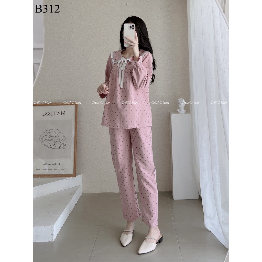 B312 Bộ bầu mặc nhà thu đông dài tay, có khóa cho bé ti, chất nhung chéo B2 MUM