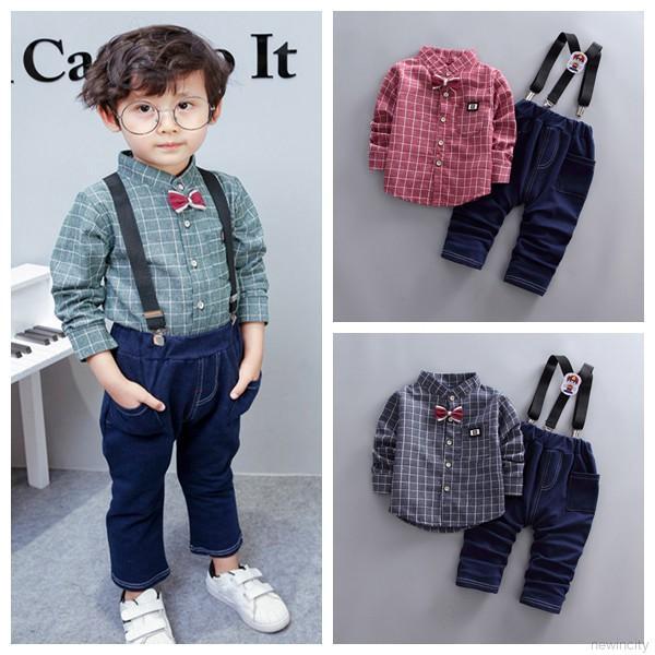 Bộ áo sơ mi caro dài tay + quần yếm lịch lãm cho bé trai