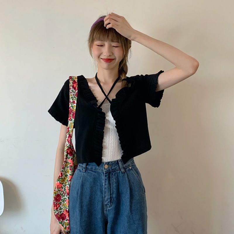 Áo Khoác Cardigan Dệt Kim Phối Ren Màu Sắc Đơn Giản Cho Nữ
